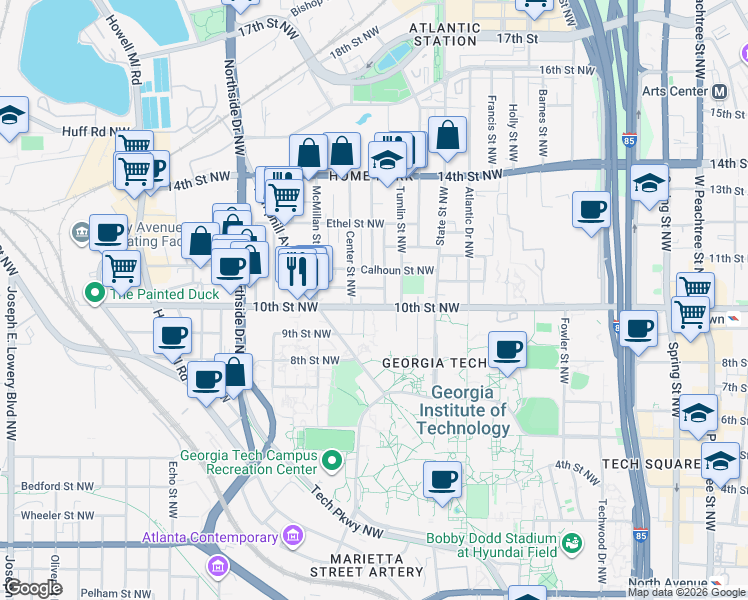 map of restaurants, bars, coffee shops, grocery stores, and more near 454 10th Street Northwest in Atlanta