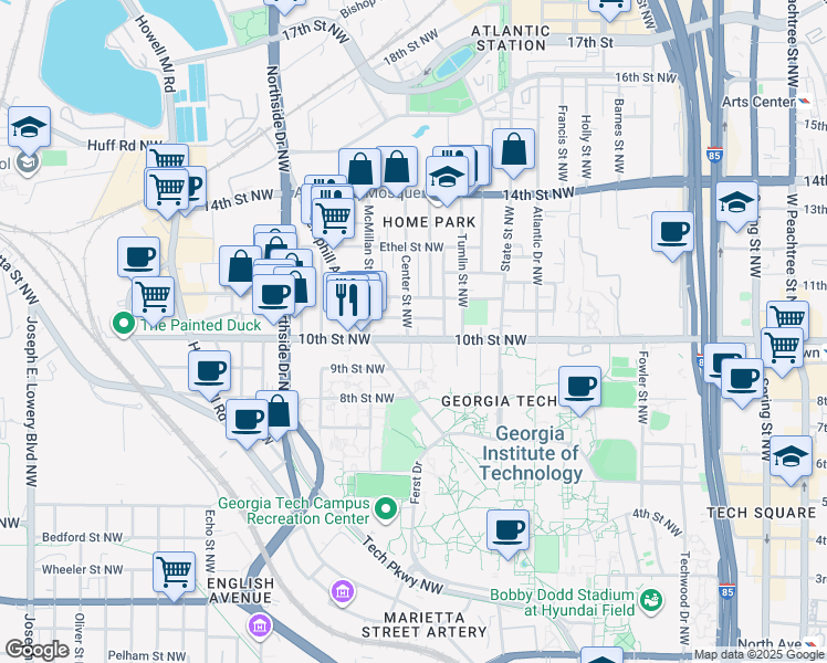 map of restaurants, bars, coffee shops, grocery stores, and more near 454 10th Street Northwest in Atlanta