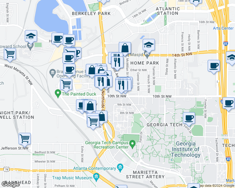 map of restaurants, bars, coffee shops, grocery stores, and more near 539 10th Street Northwest in Atlanta