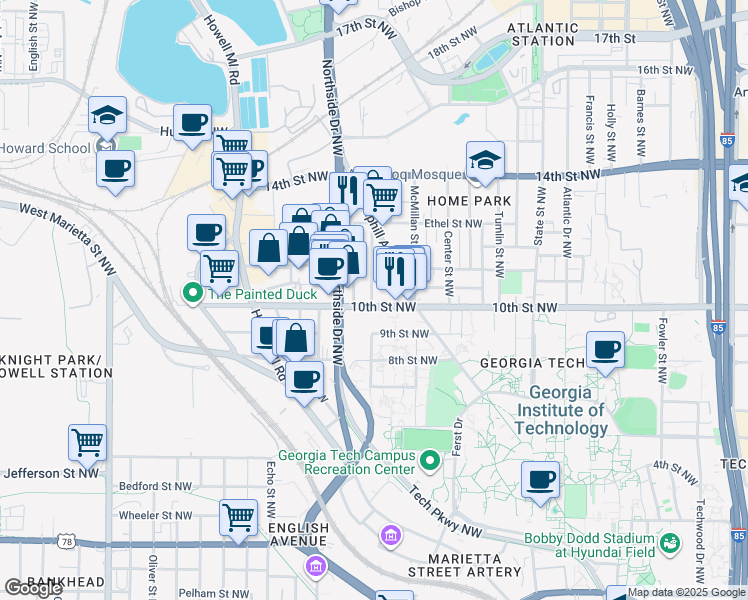 map of restaurants, bars, coffee shops, grocery stores, and more near 591 10th Street Northwest in Atlanta