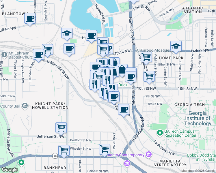 map of restaurants, bars, coffee shops, grocery stores, and more near 980 Howell Mill Road Northwest in Atlanta