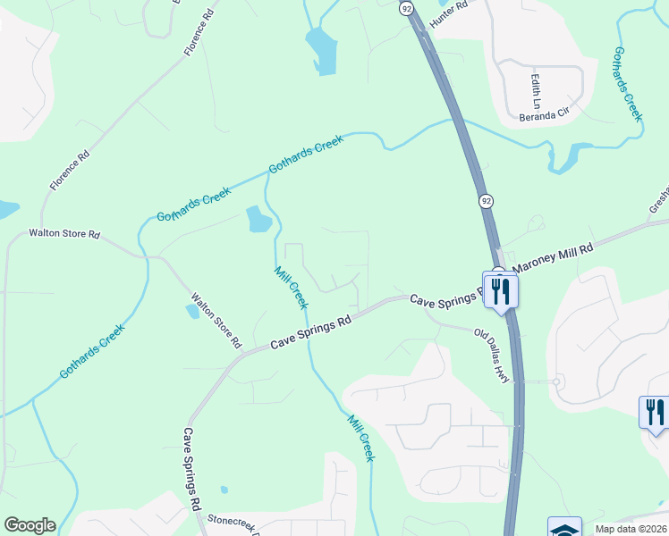 map of restaurants, bars, coffee shops, grocery stores, and more near 7266 Chantilly Court in Douglasville