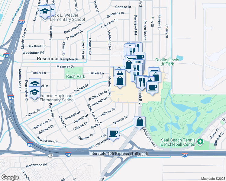 map of restaurants, bars, coffee shops, grocery stores, and more near 12584 Montecito Road in Seal Beach