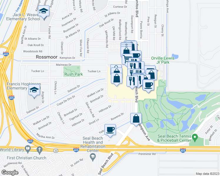 map of restaurants, bars, coffee shops, grocery stores, and more near 12558 Montecito Road in Seal Beach