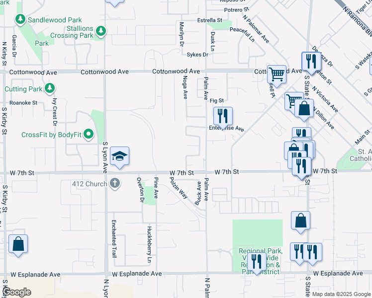 map of restaurants, bars, coffee shops, grocery stores, and more near 1186 Oasis Court in San Jacinto