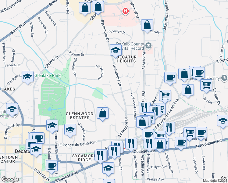 map of restaurants, bars, coffee shops, grocery stores, and more near 181 Ridgeland Avenue in Decatur