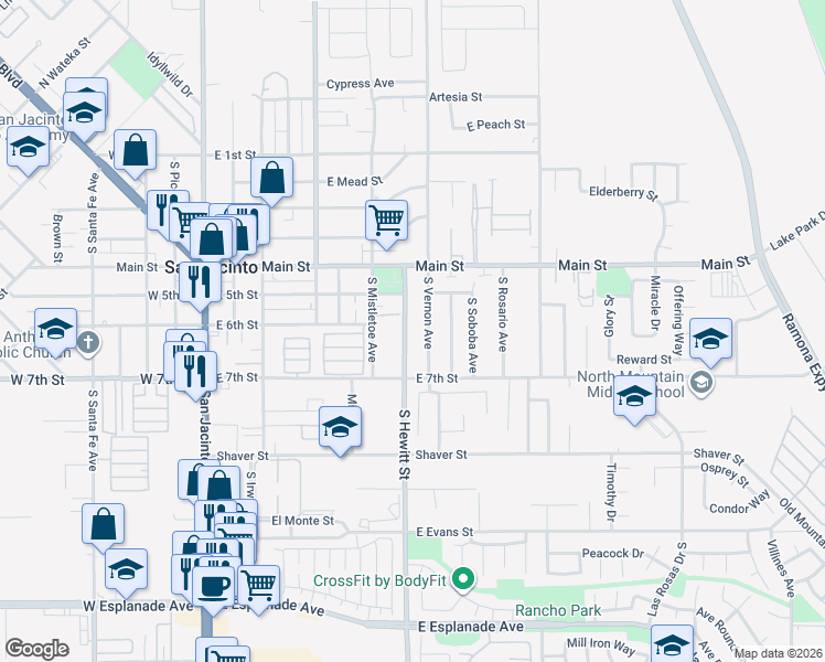 map of restaurants, bars, coffee shops, grocery stores, and more near 615 South Hewitt Street in San Jacinto