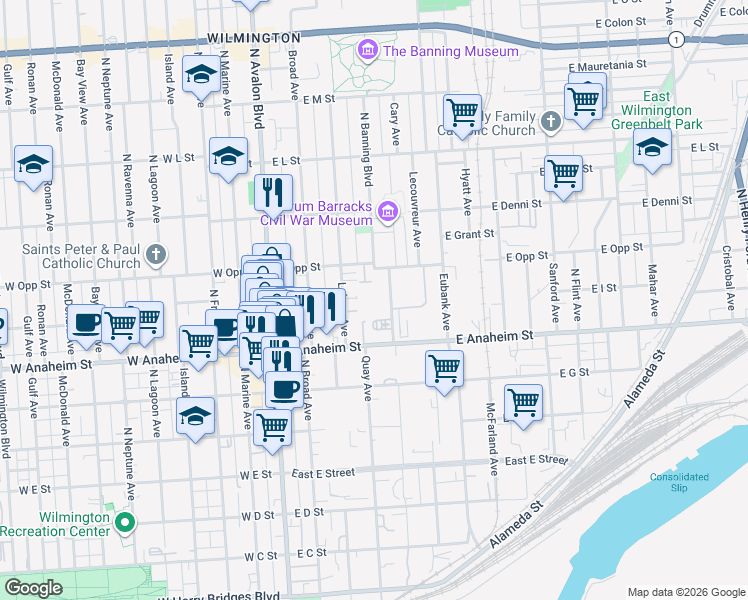 map of restaurants, bars, coffee shops, grocery stores, and more near 917 North Banning Boulevard in Los Angeles
