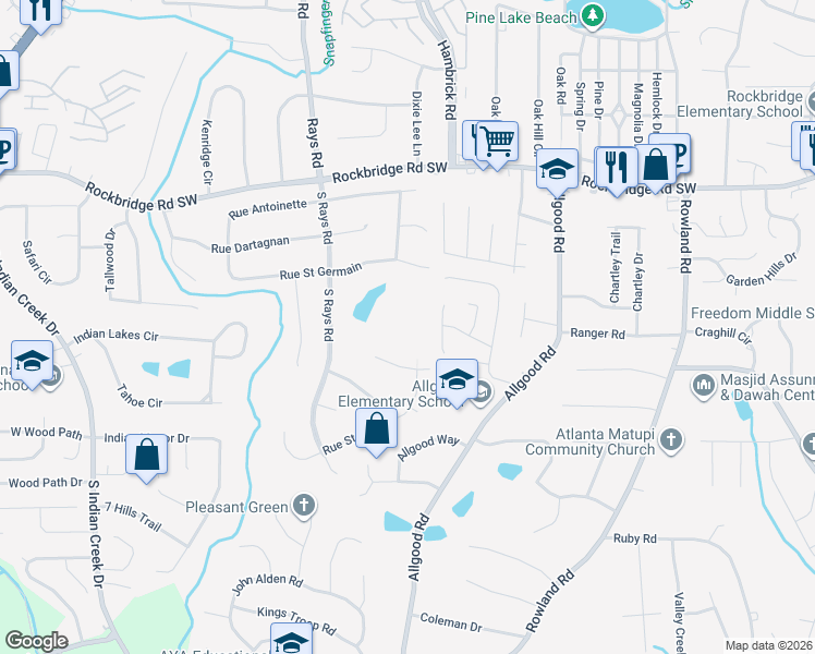 map of restaurants, bars, coffee shops, grocery stores, and more near 550 South Rays Road in Stone Mountain