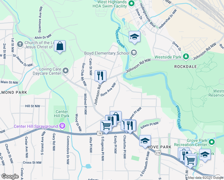 map of restaurants, bars, coffee shops, grocery stores, and more near 1005 Sims Avenue Northwest in Atlanta