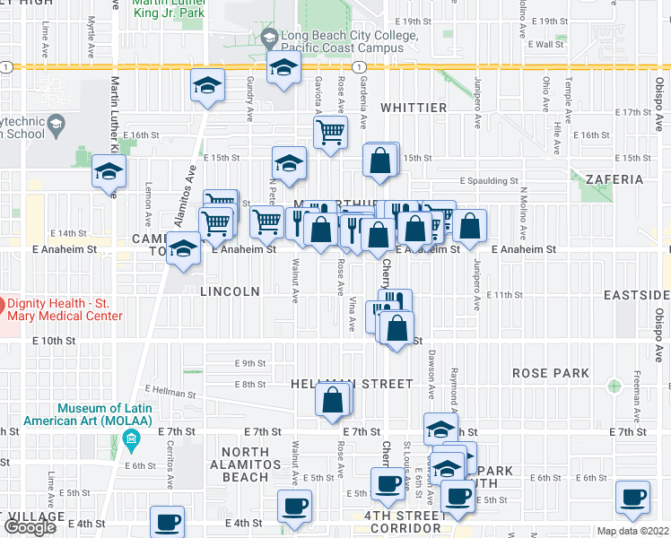 map of restaurants, bars, coffee shops, grocery stores, and more near 1141 Rose Avenue in Long Beach