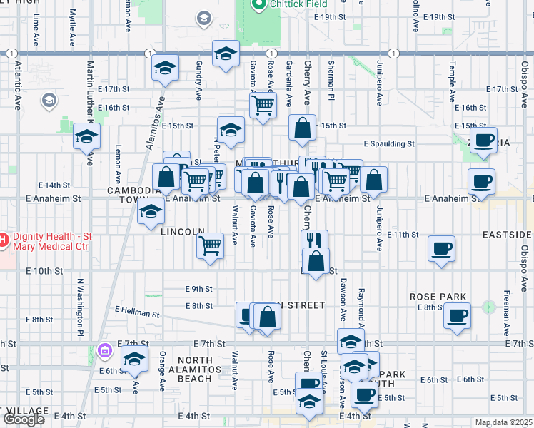 map of restaurants, bars, coffee shops, grocery stores, and more near 1207 Rose Avenue in Long Beach