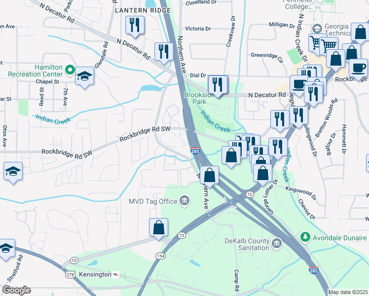 map of restaurants, bars, coffee shops, grocery stores, and more near 786 Brookside Parc Lane in Avondale Estates