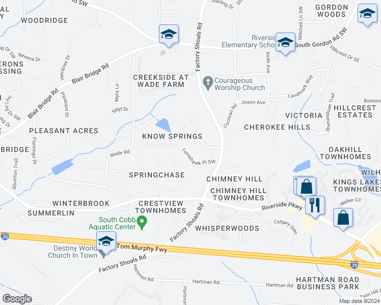 map of restaurants, bars, coffee shops, grocery stores, and more near 632 Tomahawk Place Southwest in Austell