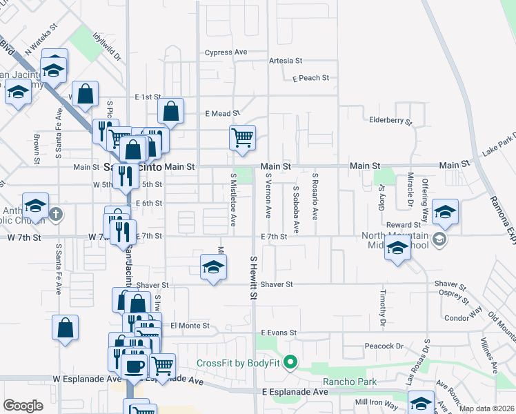map of restaurants, bars, coffee shops, grocery stores, and more near 615 South Hewitt Street in San Jacinto