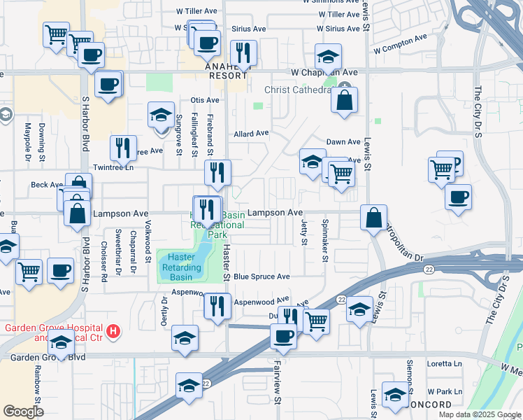 map of restaurants, bars, coffee shops, grocery stores, and more near 13181 Lampson Avenue in Garden Grove