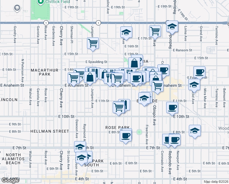 map of restaurants, bars, coffee shops, grocery stores, and more near 1201 Ohio Avenue in Long Beach