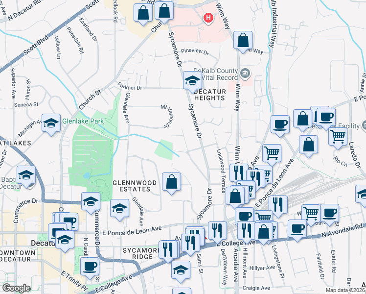 map of restaurants, bars, coffee shops, grocery stores, and more near 181 Ridgeland Avenue in Decatur