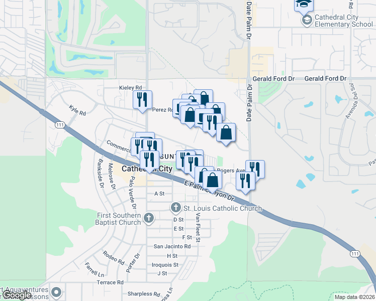 map of restaurants, bars, coffee shops, grocery stores, and more near 36700 Pickfair Street in Cathedral City