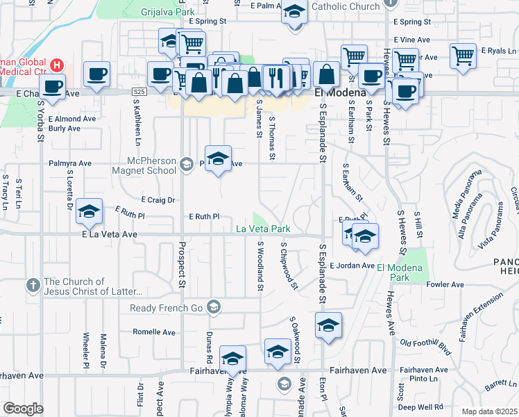 map of restaurants, bars, coffee shops, grocery stores, and more near 438 South James Street in Orange