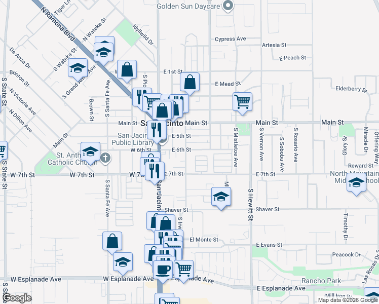 map of restaurants, bars, coffee shops, grocery stores, and more near 605 South Jordan Avenue in San Jacinto