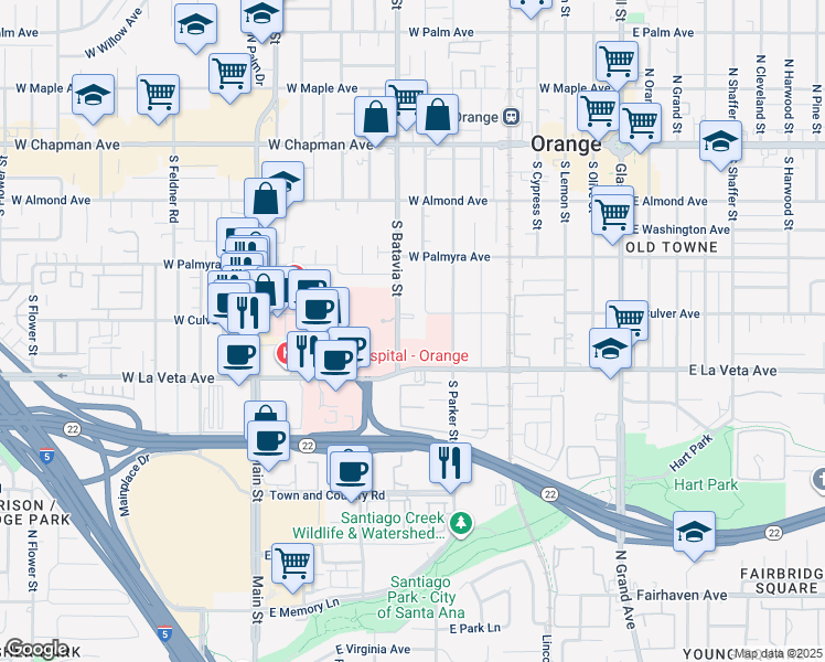 map of restaurants, bars, coffee shops, grocery stores, and more near 805 West La Veta Avenue in Orange