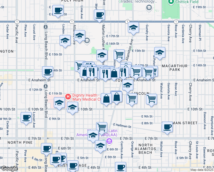 map of restaurants, bars, coffee shops, grocery stores, and more near 1140 Martin Luther King Junior Avenue in Long Beach