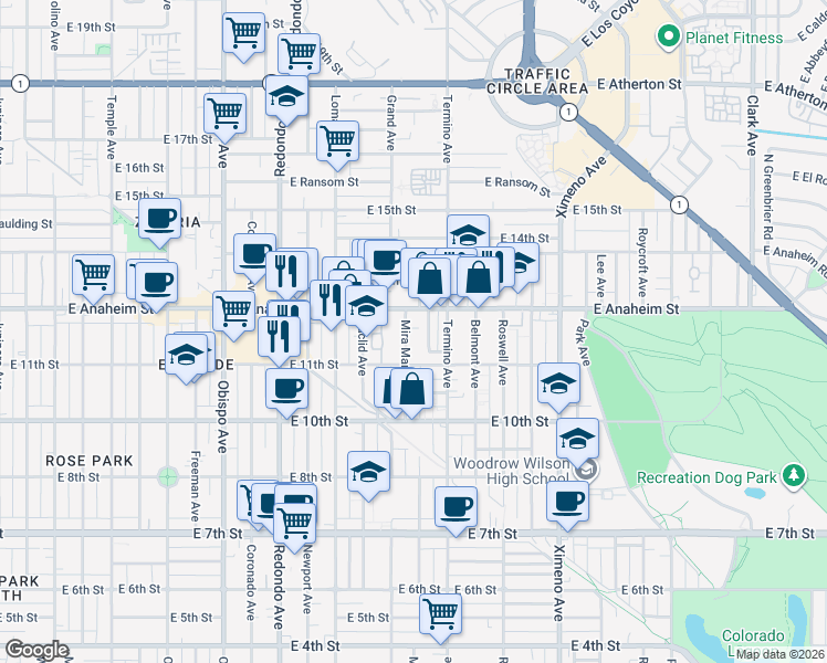 map of restaurants, bars, coffee shops, grocery stores, and more near 1146 Mira Mar Avenue in Long Beach
