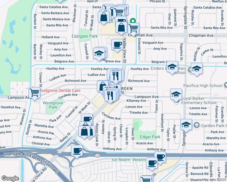 map of restaurants, bars, coffee shops, grocery stores, and more near 12431 Valley View Street in Garden Grove