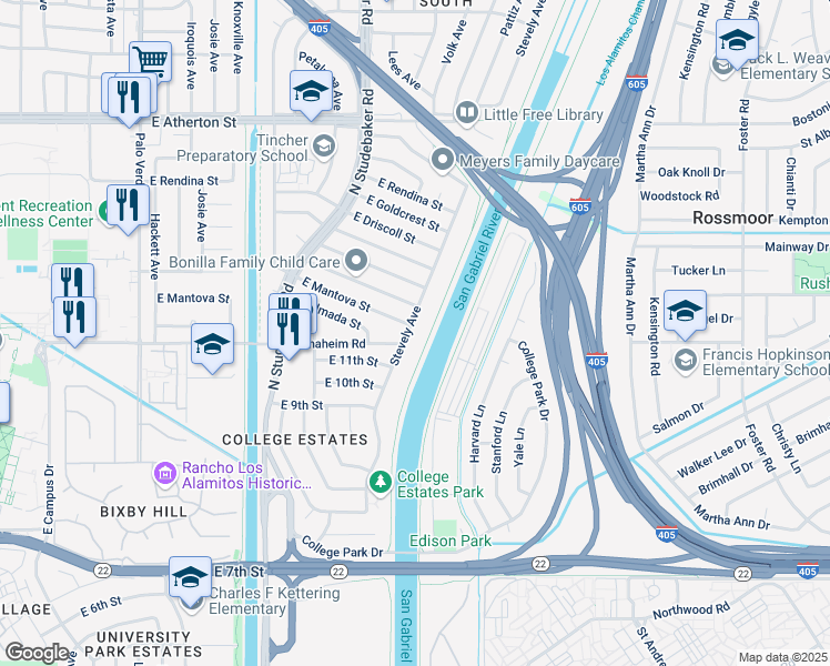 map of restaurants, bars, coffee shops, grocery stores, and more near 6927 East Anaheim Road in Long Beach