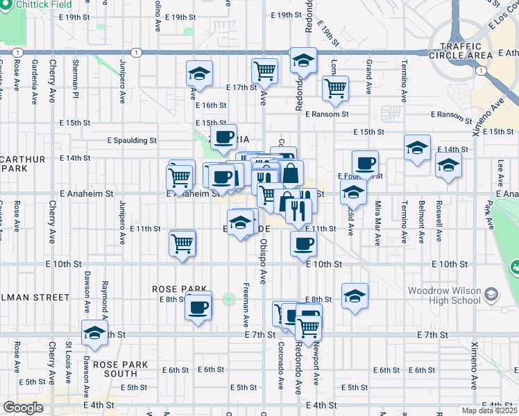 map of restaurants, bars, coffee shops, grocery stores, and more near 1207 Obispo Avenue in Long Beach