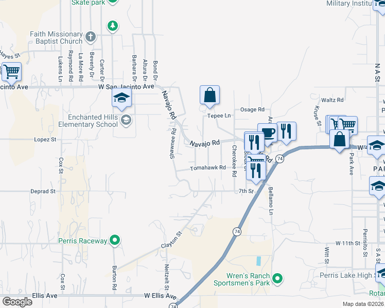 map of restaurants, bars, coffee shops, grocery stores, and more near 550 Iroquois Road in Perris