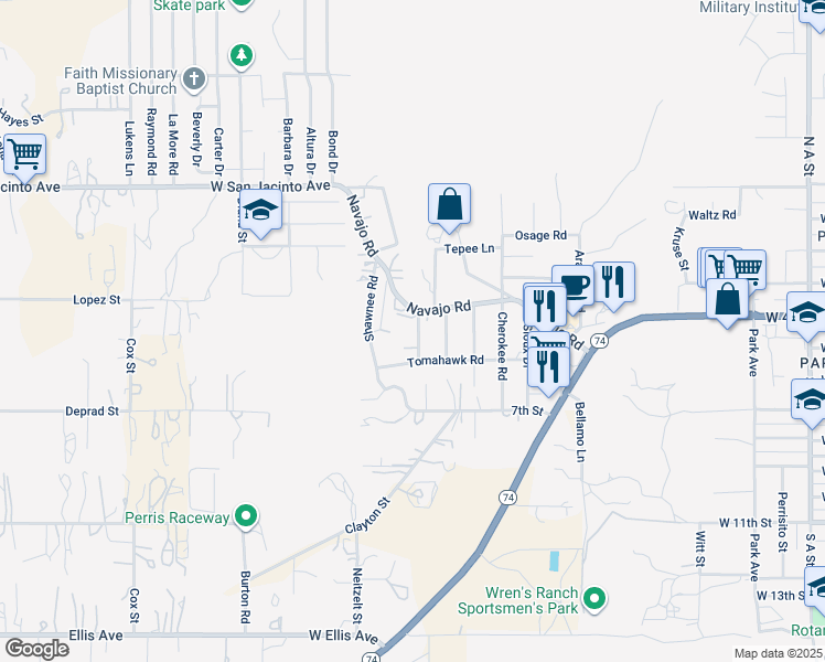 map of restaurants, bars, coffee shops, grocery stores, and more near 540 Iroquois Road in Perris