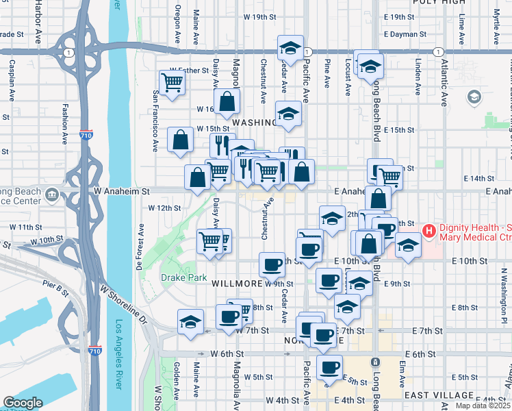 map of restaurants, bars, coffee shops, grocery stores, and more near 1248 North Loma Vista Drive in Long Beach