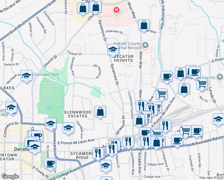 map of restaurants, bars, coffee shops, grocery stores, and more near 181 Ridgeland Avenue in Decatur