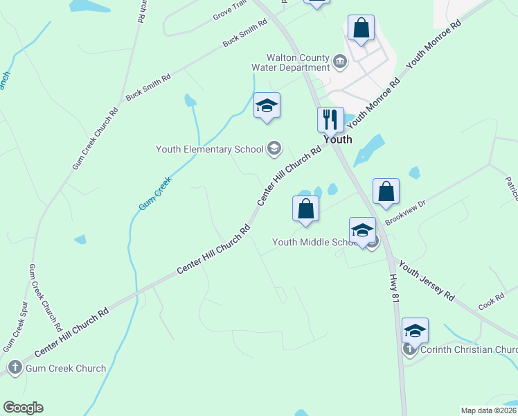 map of restaurants, bars, coffee shops, grocery stores, and more near 4058 Center Hill Church Road in Loganville