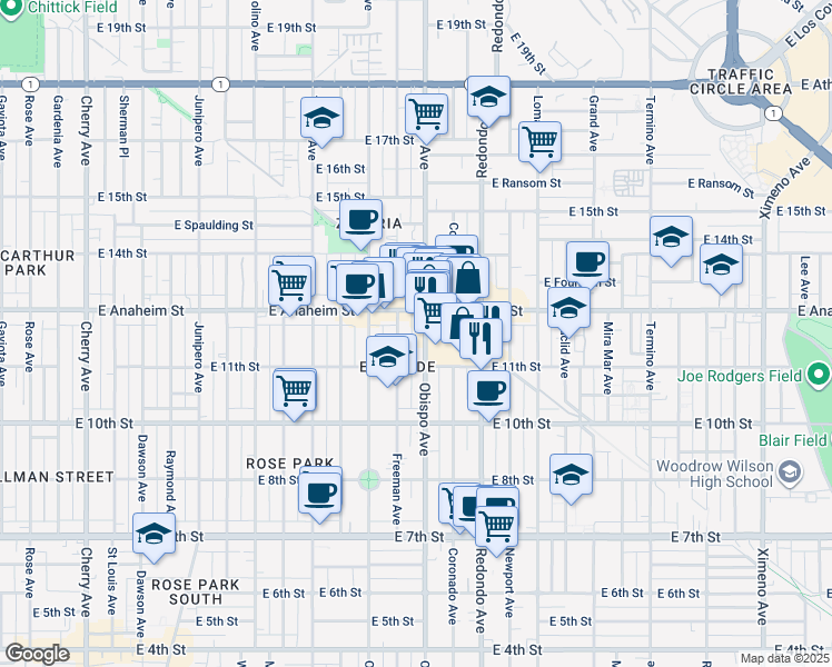 map of restaurants, bars, coffee shops, grocery stores, and more near 1207 Obispo Avenue in Long Beach
