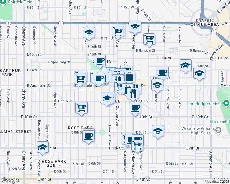 map of restaurants, bars, coffee shops, grocery stores, and more near 1207 Obispo Avenue in Long Beach
