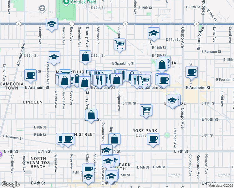 map of restaurants, bars, coffee shops, grocery stores, and more near 1130 Raymond Avenue in Long Beach