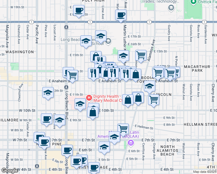 map of restaurants, bars, coffee shops, grocery stores, and more near 1209 Olive Avenue in Long Beach