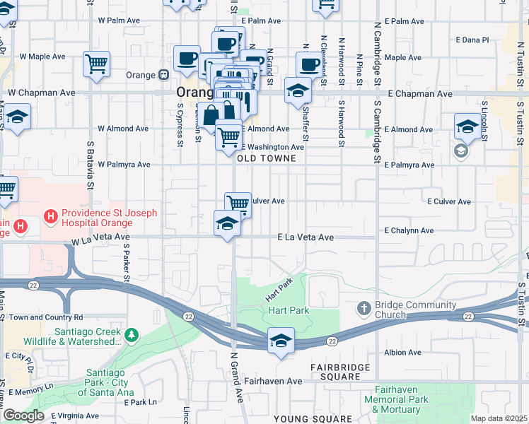 map of restaurants, bars, coffee shops, grocery stores, and more near 430 South Grand Street in Orange