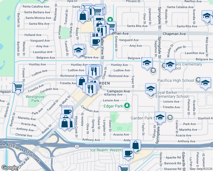 map of restaurants, bars, coffee shops, grocery stores, and more near 6062 Pickett Avenue in Garden Grove