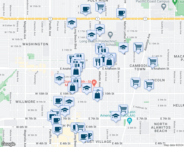 map of restaurants, bars, coffee shops, grocery stores, and more near 1208 Linden Avenue in Long Beach