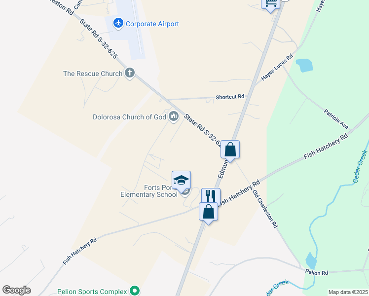 map of restaurants, bars, coffee shops, grocery stores, and more near 349 Old Charleston Road in Pelion