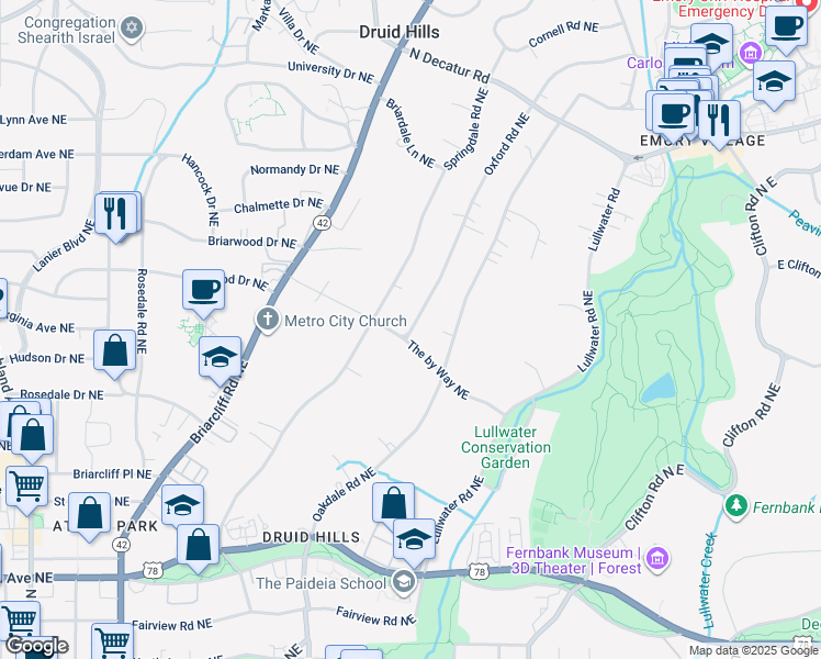 map of restaurants, bars, coffee shops, grocery stores, and more near 1000 Oxford Road Northeast in Atlanta