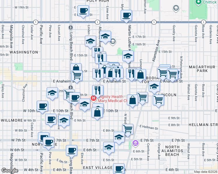 map of restaurants, bars, coffee shops, grocery stores, and more near 1208 Lime Avenue in Long Beach