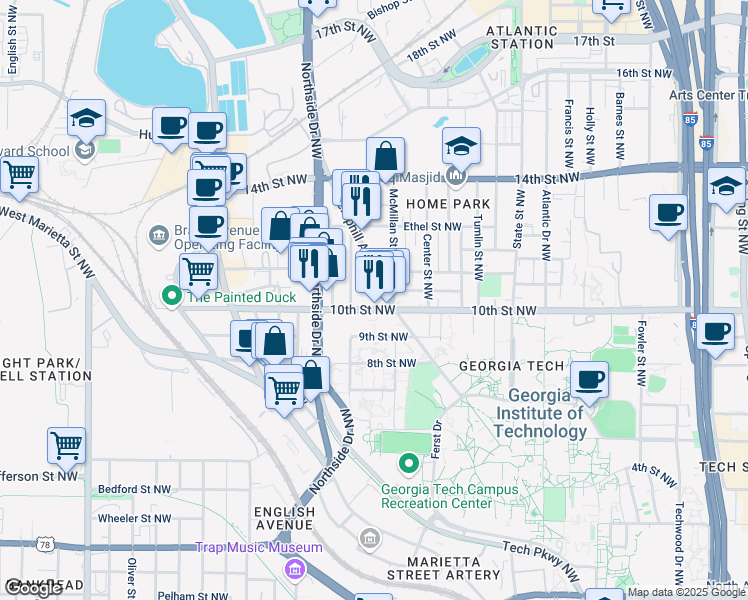 map of restaurants, bars, coffee shops, grocery stores, and more near 539 10th Street Northwest in Atlanta