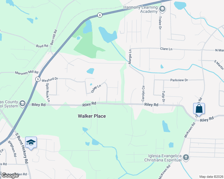 map of restaurants, bars, coffee shops, grocery stores, and more near 3605 Longfield Drive in Douglasville