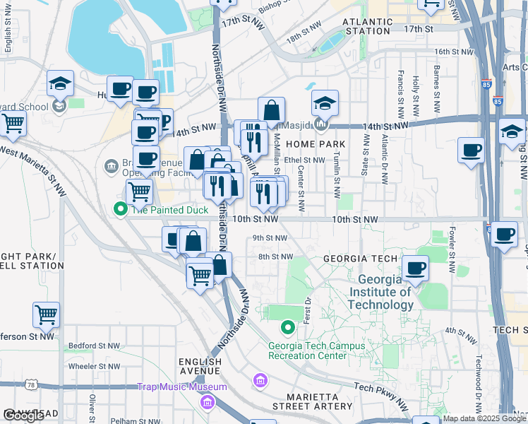 map of restaurants, bars, coffee shops, grocery stores, and more near 539 10th Street Northwest in Atlanta