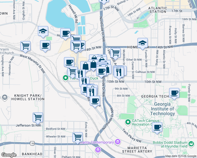 map of restaurants, bars, coffee shops, grocery stores, and more near 1000 Northside Drive Northwest in Atlanta